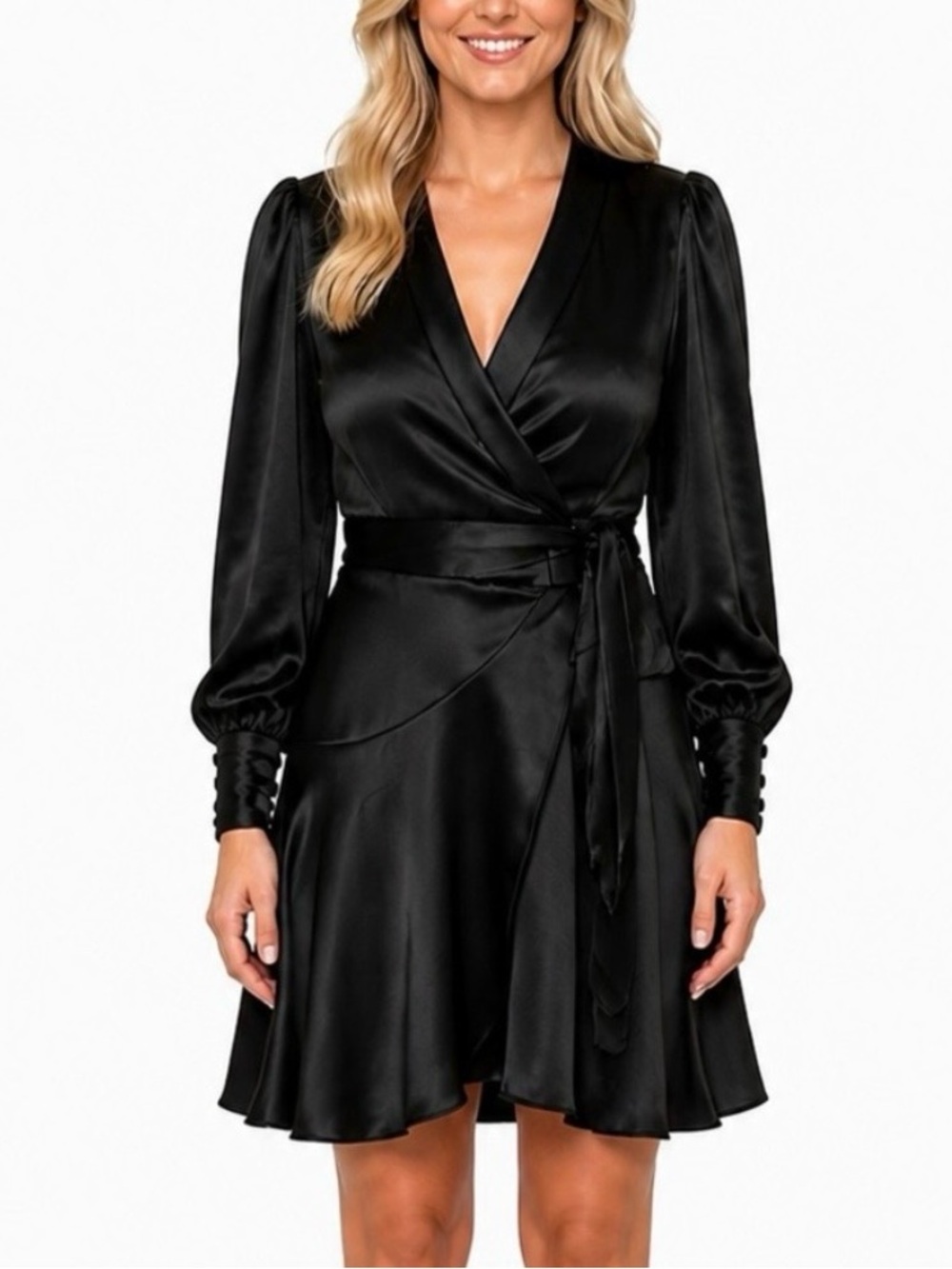 MAIN STRIP Black Satin Long Sleeve Wrap Mini Dress
